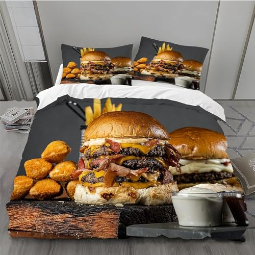 Sezhiqeu Burger Bettwäsche 135x200, Super Weich Mikrofaser 3D Bettwäsche Set Lebensmittel Bettbezug + 2 Kissenbezug 80x80 cm mit Reißverschluss H-985
