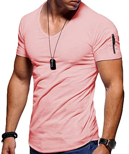 Muscle Side Zip t-Shirt pour Homme Sport Bodybuilding col V Manches Courtes Fitness Sport Slim t-Shirt (Rose PâLe,5XL)