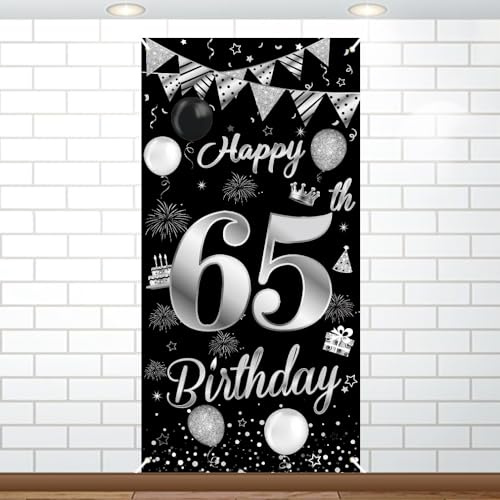 Huture 65. Geburtstag Party Dekoration Schwarz Silber Hintergrund Banner 180 x 90 cm/70.8 x 35.4 Zoll Extra Große Geburtstagsbanner Dekor für Damen Männer Geburtstag Party Supplies