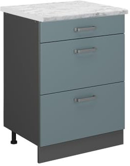 Vicco Küchenschrank mit Schublade R-Line, Blau-Grau/Anthrazit, 60 cm AP Marmor