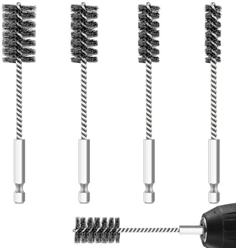 Hicarer 4 Pcs Stainless Steel Wire Brush for Drill Bore Brush Set with Hex Shank Handle Wire Brushes for Drill Ports Tubes Bearings Cleaning Parts Attachments and More, 3/8'', 1/2'', 3/4'', 7/8''