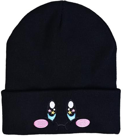 Kirby Strickmütze mit Satin-gefüttert, niedliche Anime-Mütze mit gesticktem Gesicht, Acryl mit Seidenfutter für Damen und Herren, Schwarz, M/Einheitsgröße