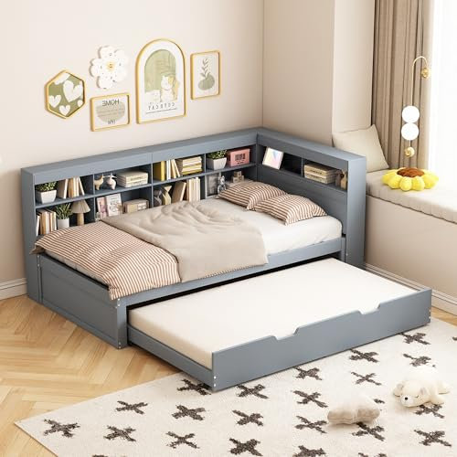 Plattformbett mit Ausziehbett 90x200cm(90x190cm), Ausziehbares Schlafsofa Tagesbett mit Bücherregal & USB Ladefunktion, Multifunktionsbett Gästebett Daybett Kinderbett Jugendbett, Ohne Matratze, Grau