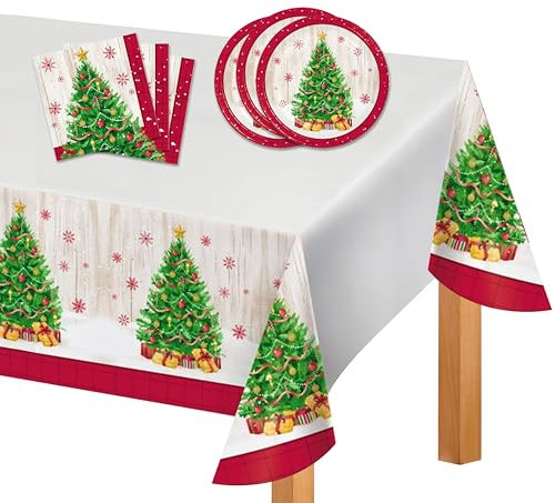 Decoraparty Set de vaisselle de Noël Vintage, décorations de table jetables pour 8 personnes pour fêtes thème de Noël, Xmas, jetables, 8 assiettes, 16 serviettes, 1 nappe (kit 25 pièces)