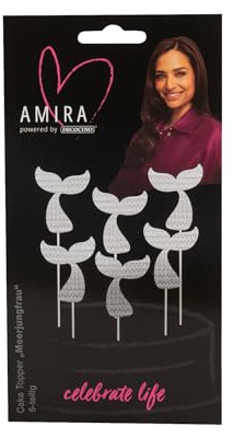 DECOCINO meets AMIRA - Cake Topper Meerjungfrau 6-tlg - silber, glitzer, ideal für Muffins, Kuchen und Torten, Geburtstag, Party, Hochzeit, JGA