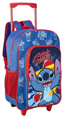 TDL Stitch Kinder-Trolley Rucksack mit Rollen, verstellbarer Griff, 2 Fächer, blau, 41cm X 28cm X 13cm, Trolley-Rucksack