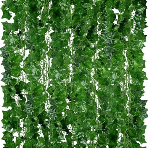ADORAMOUR Ghirlande di Edera Artificiale - Confezione da 48, Lunghezza 210cm - Viti Finte Realistiche per la Decorazione di Stanze e Pareti da Giardino per Interni ed Esterni, Verde Piante