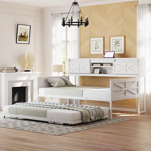 FQMOZY Tagesbett Sofabett 90x200, Metallbett mit Ausziehbares Bett&Steckdosen&mehrere Staufächer, Einzelbett Doppelbett Schlafsofa Funktionsbett Gästebett Jugendbett Bettgestell, Ohne Matratze, Weiß