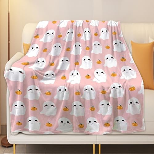 Generisch Halloween Kuscheldecke,Halloween Decke Blanket Süße Rosa Herbst Aesthetic Orange Pink Kuscheldecke Pumpkin Geist Boo Decke (1, 05, 150 * 200CM)