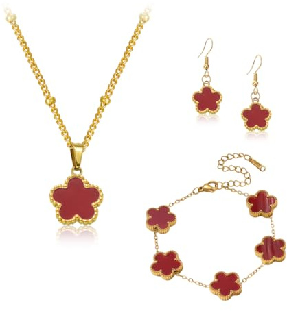 Gkaopi Vierblättriges Kleeblatt Schmuckset für Damen und Mädchen 18K Überzug Edelstahl Zweiseitig VierbläTtriges Anhänger Halskette Ohrringe Armband Hypoallergenes Glücksklee Emaille Schmuck Set