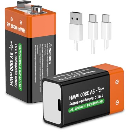 FLSTOR 9V Rechargeable Batteries, 3800mWh Li-Ion Battery Compatible with Multimeters, Guitar Pedals, Toys, Remote Controls, and Other 9V Devices, with Charging Cable, 2-Pack