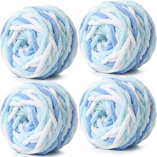 Xtrillogen 4x100g Chenille Wolle zum Häkeln,Chunky Wolle zum Stricken, Flauschig Häkelgarn Baumwolle, Bunte Chunky Yarn,Knitting Chenille Garn,Weben von Taschen, Schal,Decke,Mützen (Weiß Blau Gelb)