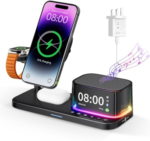 6 In 1 Wireless Charging Station with Alarm Clock & QI2.2 For iPhone | 33W Plug Included,QI2.2 25W,Light,Speaker,Fast Charger Stand For iPhone17/16/15/14/13 Pro Max Watch Airpods Samsung Watch