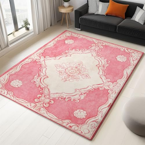 Generisch Teppich 160 x 230 cm Teppich Waschbar Weich Teppiche rutschfest Kurzflor Retro Luxuriös Gemustert Teppiche für Schlafzimmer Kinderzimmer Büro Esszimmer, Rosa
