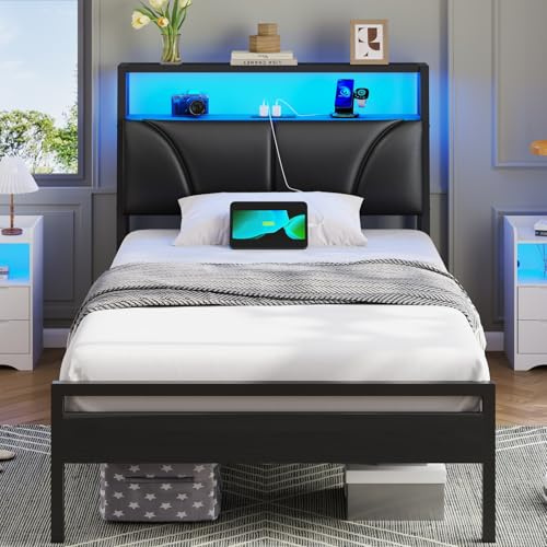 Brinlawb Single Bed Frame with Charging Station (2 AC Sockets, 1 USB‑A, 1 Type‑C Port) and LED Lights, 90x190 cm Stable Metal Bed Frame with Upholstered Headboard & 2-Tier Open Storage Shelves, Black
