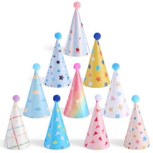 Apausvcm 10 Stück Partyhüte Mini Partyhüte für Kuscheltiere Kleine Party Hüte Kuscheltiere Bunt Party Kegel Hat Bunte Papierhüte Mit Pompons Partyhut Geburtstag Set für Geburtstagsfeiern Erwachsene