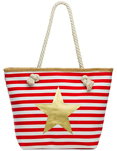 Caspar TS1033 Damen Strandtasche/Shopper mit Reißverschluss und maritimen Streifen Muster und Metallic STERN, Farbe:rot, Größe:One Size