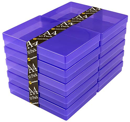 WestonBoxes A4 Colourful Transparent Plastic Craft Storage Boxes with Lids for Art Supplies, Paper and Card (Purple/Pack of 10)