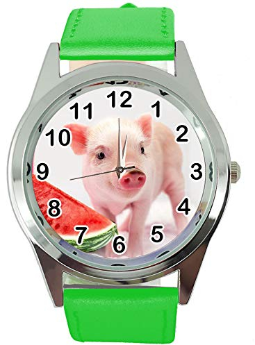 TAPORT® Armbanduhr Analog Quarz mit Echtleder Band grün rund für Ferkel Babe Fans