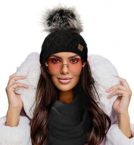 4sold Women's Warm Knitted Winter Hat with Bobble, Slouch Knitted Beanie for Winter, Made in The EU, Choice of Colours