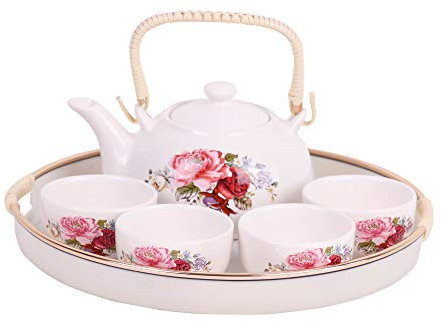 Mediablue Teekanne mit 4 Tasse und einem Tablett Set weiß 500ml Porzellan Teeservice Keramik Seite Teekanne