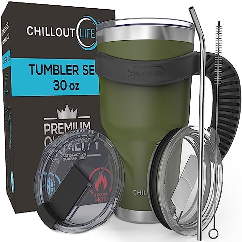 CHILLOUT LIFE Reisebecher aus Edelstahl, 850 ml, 6-teiliges Set, Becher mit Griff, Strohhalm, Reinigungsbürste und 2 Deckeln, doppelwandig, isoliert, großes Kaffeebecher-Set, Armeegrün