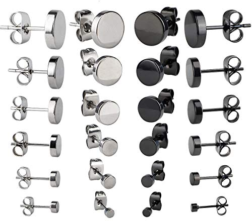 Chudian 12 Paare Ohrstecker Set Ohrringe aus Edelstahl Schwarz Silber Unisex für Damen Herren Mädchen Elegant Klassische Runde Ohr-Schmuck (6 Größe 3mm/4mm/5mm/6mm/7mm/8mm)