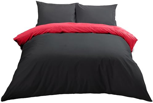 Lions Plain Dye Bedding Set, Single Double King size Duvet Cover with Pillowcase (Black/Red, Single)