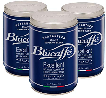 Lucaffé - 3 Latas de cafe molido Blucaffé, 250 Gr | Cafe molido espresso descafeinado para cafetera italiana | Tueste Medio | Sabor afrutado y floral, cremoso | Aroma intenso y persistente