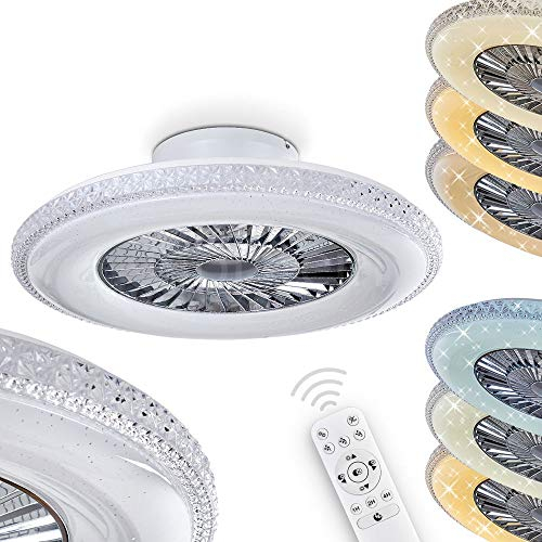 LED Deckenventilator Piacenza in Weiß/Chorm, LED Deckenleuchte mit Ventilator, 40 Watt, Ø 60 cm, dimmbar über Fernbedienung, 3000-6500 Kelvin, mit Timer-Funktion, Sternenhimmel-Effekt u. Nachtlicht
