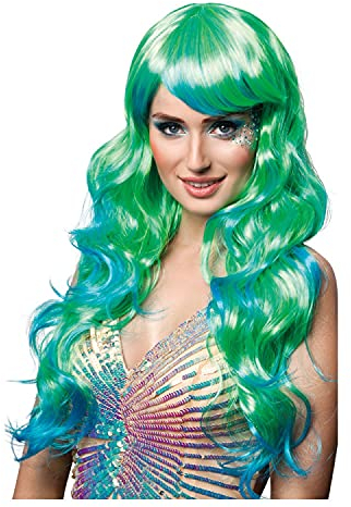 NEU Perücken Damen Langhaar mit Pony Meerjungfrau Aqua, blau-grün - mit Haarnetz