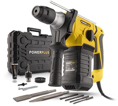 Powerplus Trapano a percussione elettrico POWX1197-4 in 1: Foratura, Percussione, Sfilatura e Rotazione dello scalpello, Trapano cablato da 1500 W e 5 J, SDS Plus, 7 Accessori