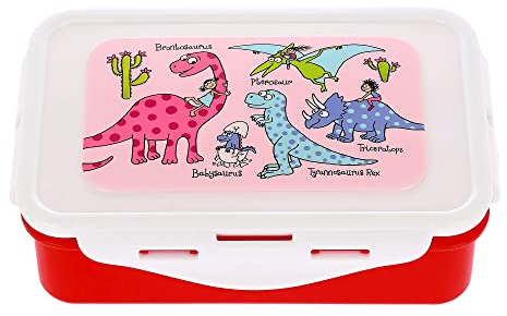 Tyrrell Katz Kids Pink Dinosaurs Printed Lunch Box in Red - Children's Food Container with Clip Lock Lid and Removable Inner Divider - 17 x 11 x 5 cm