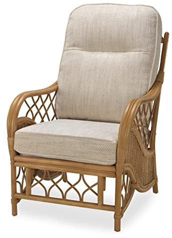 Desser Oslo Rattan Conservatory Chair – Wicker Armchair with Jasper Fabric – Luxury Indoor Real Cane Seat with UK Made Cushions – Machine Washable - H102cm W67cm D88cm