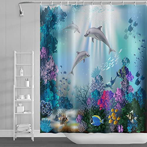 SDOTPMT 140x183cm Océan Dauphin Rideau de Douche Rayon de Soleil Tropical Rideau de Bain sous-Marine Monde Marin Animaux Rideau de Bain pour Salle de Bain Étoffe Polyester Étanche avec Crochets