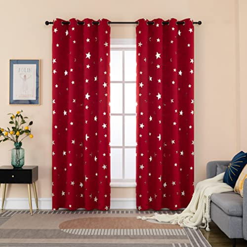 GIRASOLE HOME® Paar Verdunkelungsvorhänge weich gemustert, Sterne, weich, für Innenräume mit Ösen, 2 Paneelen (Rot, 140 x 235 cm)