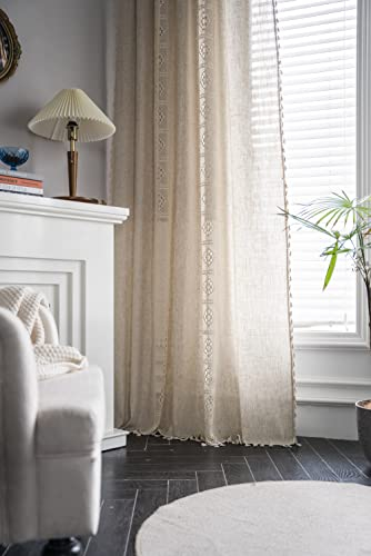 iyoimono Boho Vorhänge Beige Leinen Muster Vintage Vorhänge Landhausstil Häkeln Stricken Gardinen,Polyester Baumwolle Lace Transparent Vorhang für Küche Wohnzimmer Schlafzimmer,2 Stück,B150×H240cm