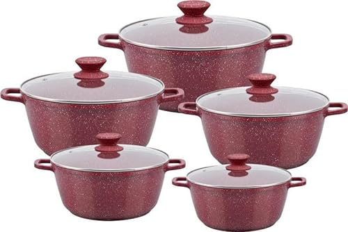Royalford 5Pcs Die-Cast Aluminium Stockpot Set with Glass Lids - Induction Safe Non-Stick Casserole Set - Granite Coating Cookware Pots - Large Cooking Stockpot - Suitable for Most Types of Hobs Red