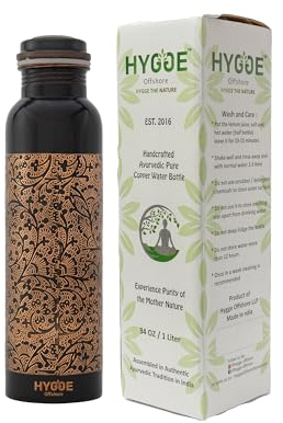 HYGGE Copper Water Bottle - 34 Oz Extra Large - A Antique Engraved Ayurvedic Pure Copper Vessel for Drinking - Drink More Water, Lower Your Sugar Intake and Enjoy The Health Benefits Immediately