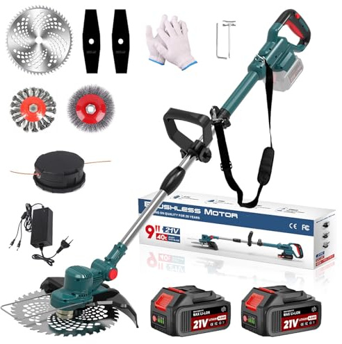 Hengriacly Akku Rasentrimmer für Makita Akku, Freischneider & Motorsense | Rasentrimmer mit Unkrautbürste 2 X 4.0Ah Akkus, 4 Messertypen, Brushless Motor, Tap&Go M10*1, 25 Kopf, für Rasen & Garden