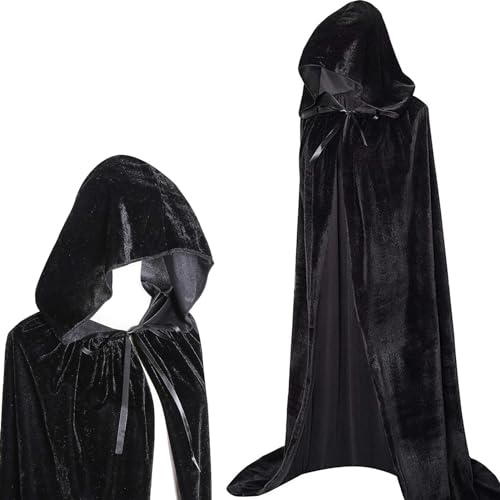 Winwild Schwarzer Umhang mit Kapuze,190CM Samt Cape Vampir Kostüm Damen Herren Erwachsener für Karneval Halloween Cosplay Kostüm(XXL)