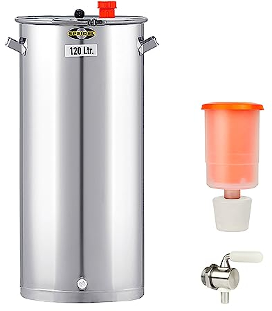 Speidel Gärbehälter Edelstahl 440 mm D, 120 Liter inklusive V2A Ablasshahn und Gärspund, Universalfass V2A Edelstahl für Lagerung, Transport und Vergären von Most, Wein, Saft, Gärfass Edelstahl 120L