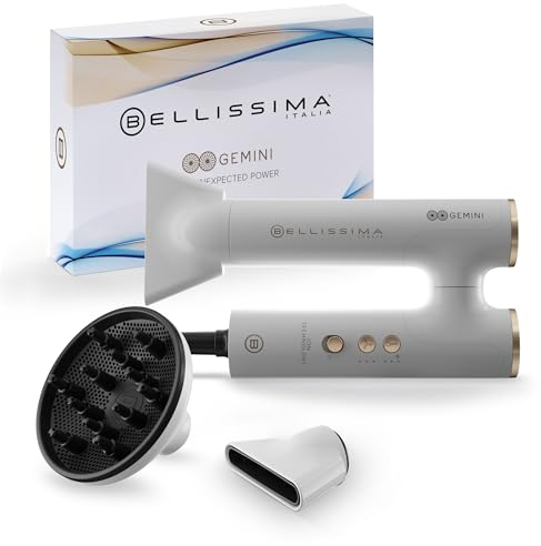 Bellissima, Secador de pelo Gemini, ligero, compacto, mango giratorio, motor digital, flujo de aire ultrapotente, ionizador, 2 concentradores y difusor, 3 velocidades y 3 temperaturas
