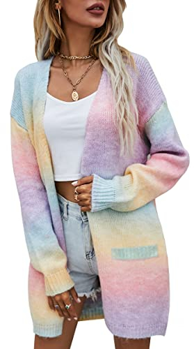 ASOMI Strickjacke Damen Langarm Regenbogen: Winter Herbst Frühling Übergangsjacke Mode Softshelljacke Lässig Pullover Pulli Cardigan Elegant Gestrickt Bunt Streifen Tasche Freizeitjacke AA-Rosa M