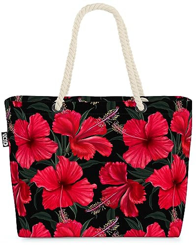 VOID Roter Hibiskus Eibisch Strandtasche Shopper 58x38x16cm 23L XXL Einkaufstasche Tasche Reisetasche Beach Bag
