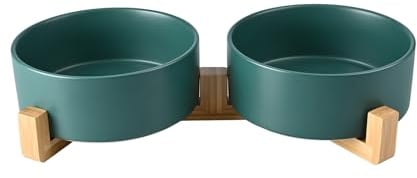 SPUNKYJUNKY Gamelle Double en céramique avec Support en Bambou pour Chiens de Grande Taille (1800 ML, Vert x 2)