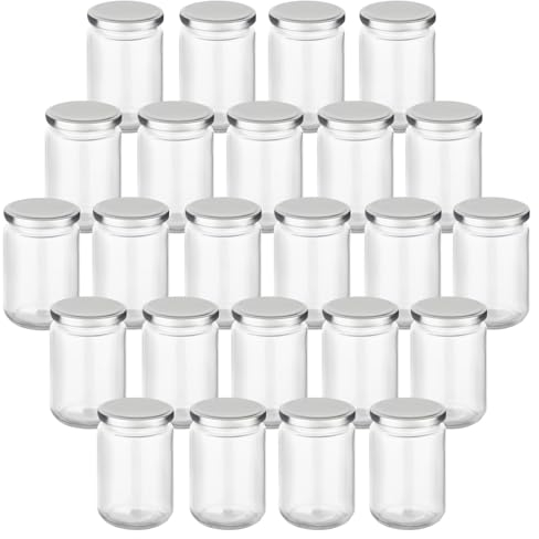 gouveo Lot de 24 bocaux de conservation ronds de 350 ml avec couvercle à visser argenté - Bocaux à visser - Bocaux à visser pour la conservation et le stockage