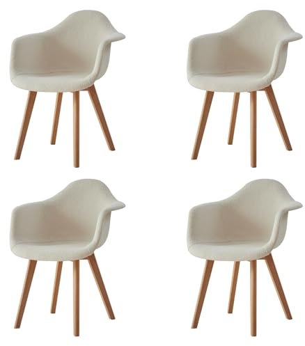 HJhomeheart 4er Esszimmerstühle aus Patchwork-Stoff mit Armlehnen, moderner Design-Sessel, skandinavischer Küchenstuhl aus Buchenholz (Kornsamt Beige)