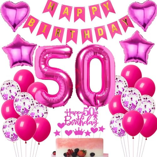 Ohaoduo 50 Geburtstag Deko Frauen rosa rot 50 Geburtstag Dekoration rosa rot Geburtstagsdeko 50 jahre Frau Luftballons Folienballon 50. Deko 50 Frau Mädchen Tortendeko