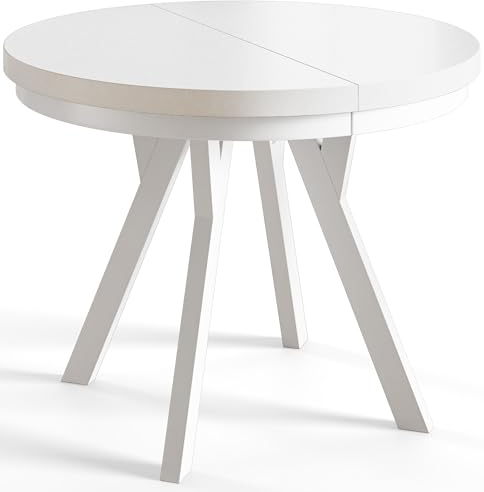 AlpiMeble Table a Manger Extensible Evo - Table Ronde Extensible - Plateau Stratifié 36 mm - Pieds en Hêtre - Diamètre 120 cm à 220 cm - Blanc